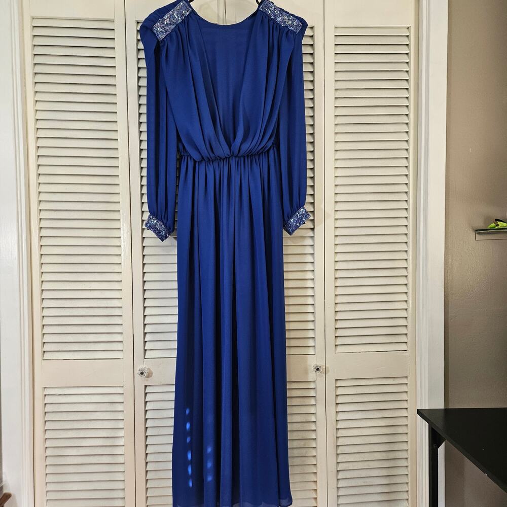 VTG 70s Jack Bryan Royal Blue Chiffon Beaded Maxi Dress 10 Studio54 RetroGlam